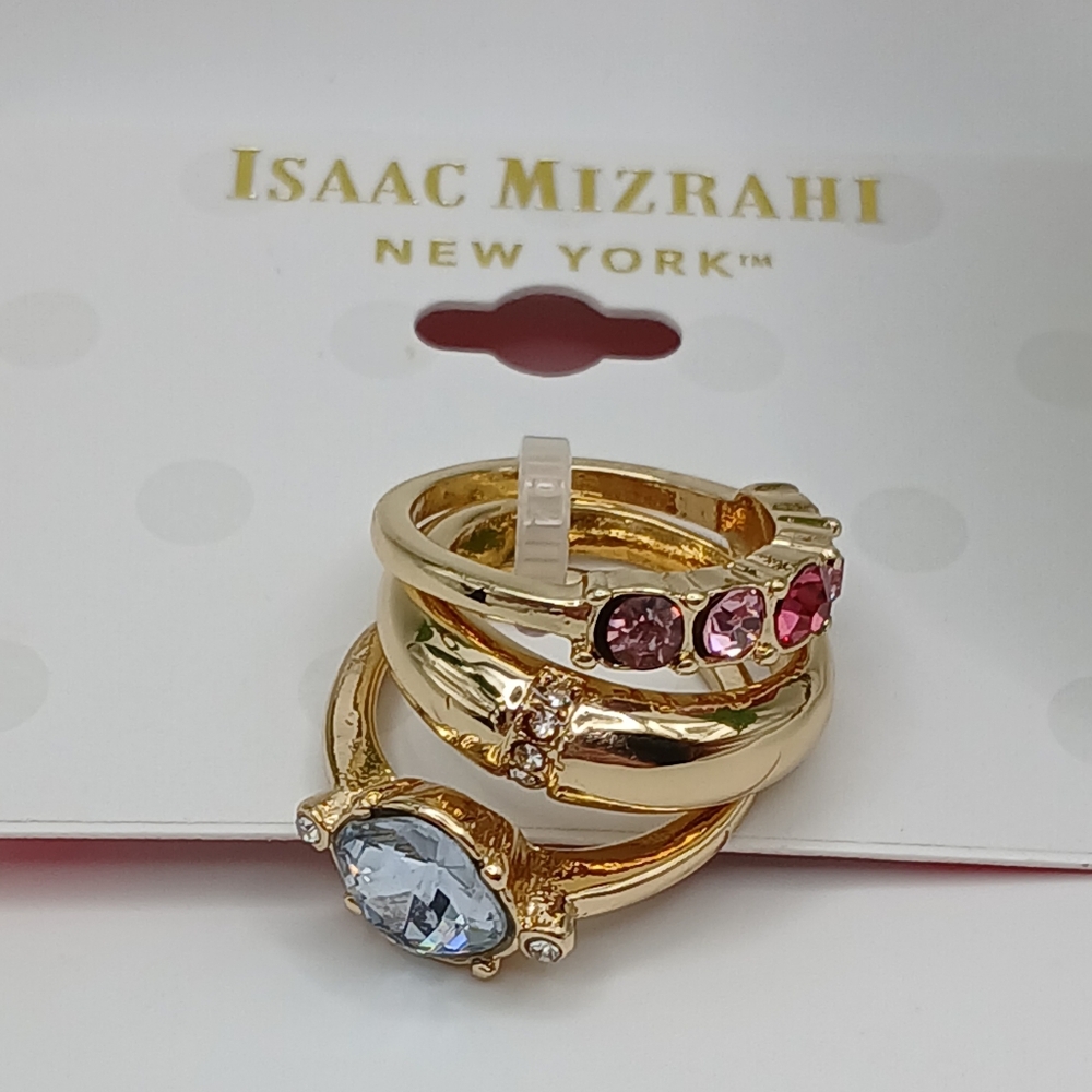 Isaac Mizrahi Gold Pink & Light Blue Ring Set Of 3 NWT
